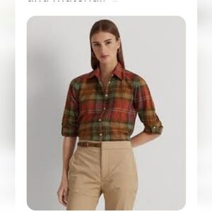 Lauren Ralph Lauren Women's Long Sleeve Plaid Cotton Button Up Shirt. L